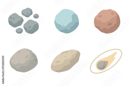 Meteorite Icons Set. Isometric vector illustration set Space origin of meteorites: asteroid belt rocks, comet nucleus icy, Mars