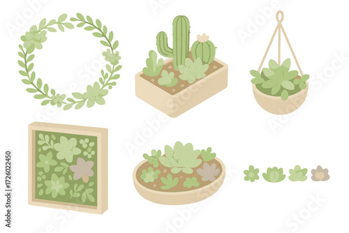 Succulent Arrangement Designs. Isometric vector illustration set Succulent arrangements: succulent wreath circle, mixed planter