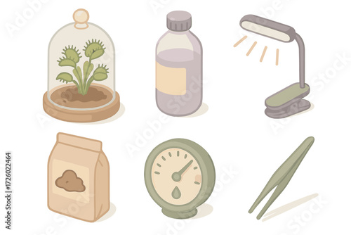 Flytrap Care Essentials. Isometric vector illustration set Venus flytrap care items: terrarium glass dome, distilled water bottle,
