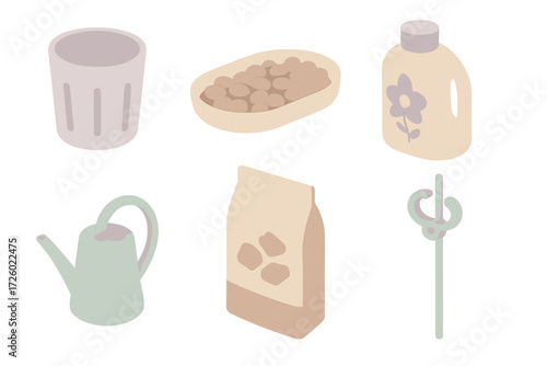 Orchid Care Essentials. Isometric vector illustration set Orchid care essentials: orchid pot with slots, humidity tray with
