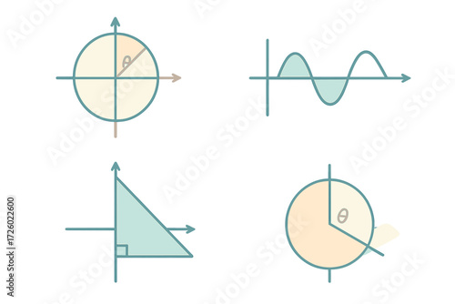 Isometric Pi Diagrams. Isometric vector illustration set Pi in Trigonometry: unit circle diagram, sine cosine wave projection,