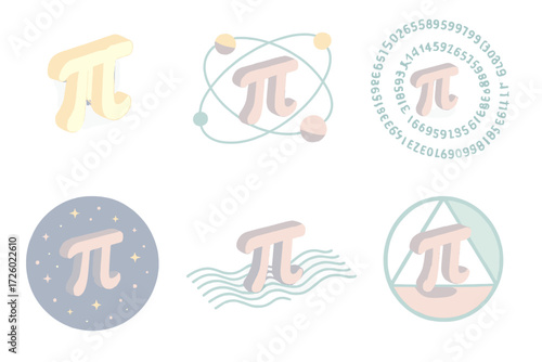 Cosmic Pi Illustration. Isometric vector illustration set Pi as Universal Symbol: glowing pi symbol floating, orbiting circle
