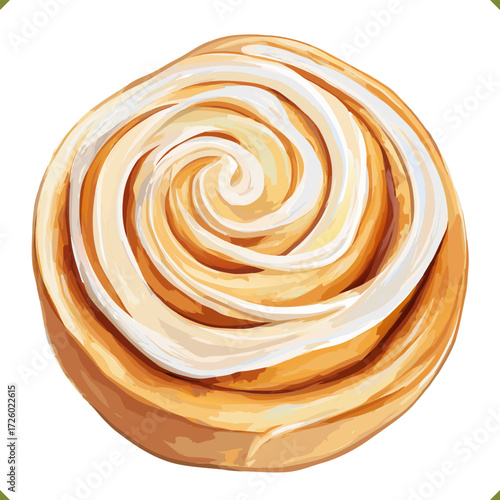 Vector illustration of a cinnamon bitten roll with icing on a plate and flower, isolated on a white background