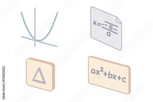 Quadratic Equation Illustration. Isometric vector illustration set Quadratic Equation Solve: parabola curve graph, roots marked