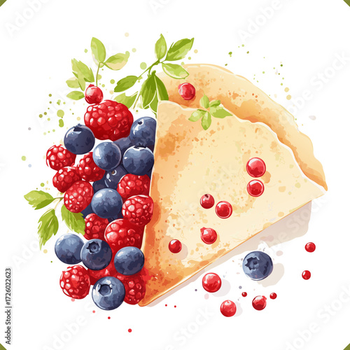 Vector illustration of folded crepes stacked in a pile with crumbs and berries, isolated on a white background