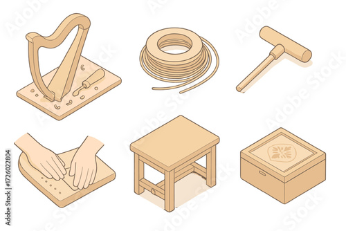 Harp Craftsmanship Icons. Isometric vector illustration set Harp Craftsmanship: wooden frame being carved, strings coil set,