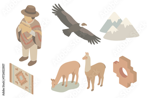 Andean Melody and Culture. Isometric vector illustration set Andean Pan Flute Tradition: musician with poncho and hat, condor bird