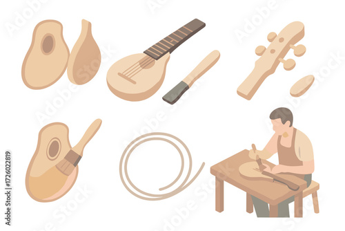 Mandolin Crafting Elements. Isometric vector illustration set Mandolin Craftsmanship: carved wooden body pieces, fretboard