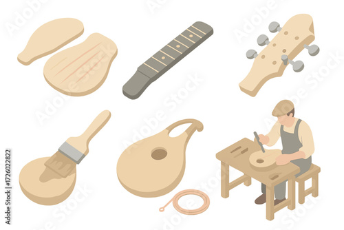 Mandolin Crafting Elements. Isometric vector illustration set Mandolin Craftsmanship: carved wooden body pieces, fretboard