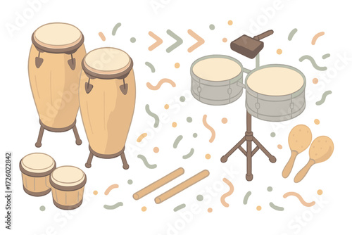 Afro-Cuban Percussion Icons. Isometric vector illustration set Afro-Cuban Percussion Ensemble: bongos with congas, timbales set,