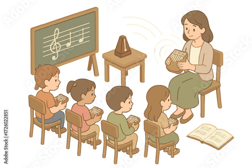 Classroom Kalimba Serenade. Isometric vector illustration set Classroom Music with Kalimba: children seated with small kalimbas,