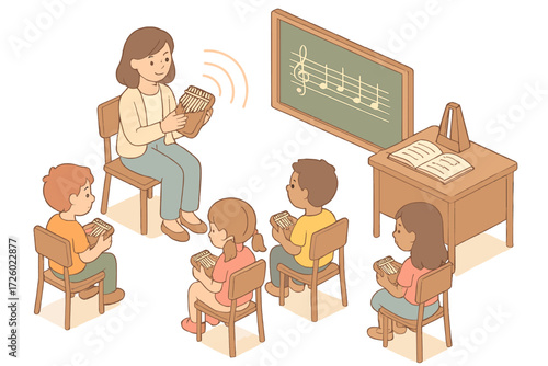 Classroom Kalimba Serenade. Isometric vector illustration set Classroom Music with Kalimba: children seated with small kalimbas,