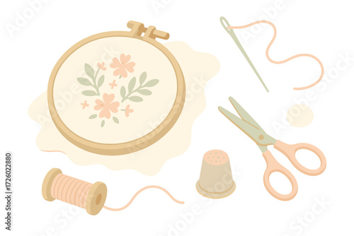 Embroidery Hoop Craft. Isometric vector illustration set Embroidery Hoop Craft: wooden hoop holding fabric, needle threaded with