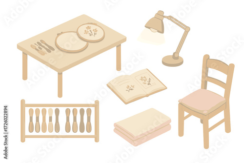 Embroidery Workshop Setup. Isometric vector illustration set Embroidery Workshop: table with hoops and threads, pattern book open,