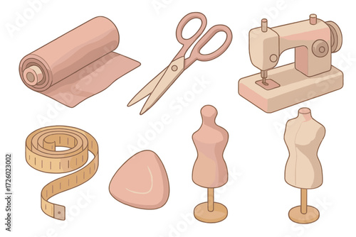 Velvet Fabric Workshop. Isometric vector illustration set Velvet fabric workshop: fabric roll, cutting shears, sewing machine,