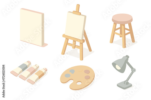 Painting Studio Essentials. Isometric vector illustration set Painting studio essentials: stretched canvas, painter’s stool, easel
