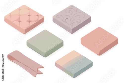 Velvet Texture Icons. Isometric vector illustration set Velvet textile patterns: quilted swatch, embossed fabric, crushed velvet,