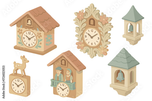 Decorative Cuckoo Clock Icons. Isometric vector illustration set Decorative cuckoo designs: painted chalet, floral carvings,
