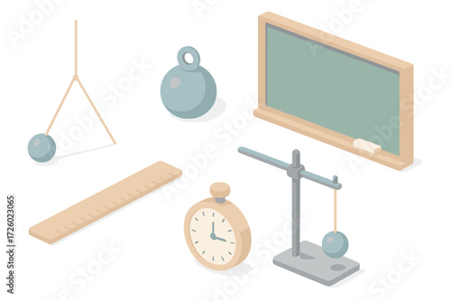 Science Classroom Tools. Isometric vector illustration set Science classroom pendulum: string pendulum, bob weight, chalkboard,