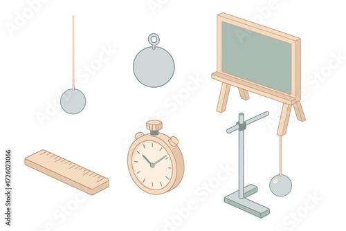 Science Classroom Tools. Isometric vector illustration set Science classroom pendulum: string pendulum, bob weight, chalkboard,