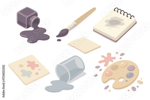 Artist's Creative Chaos. Isometric vector illustration set Artist mess: ink jar spill, paintbrush fallen, sketchbook smudge, water