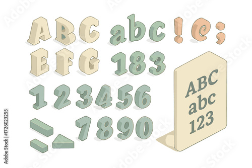 Pastel Typography Icons. Isometric vector illustration set Typography heritage: uppercase serif blocks, lowercase type,