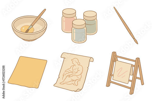 Art Supplies Icons. Isometric vector illustration set Artistic techniques: egg tempera bowl, pigment jars, fine brush stroke, gold