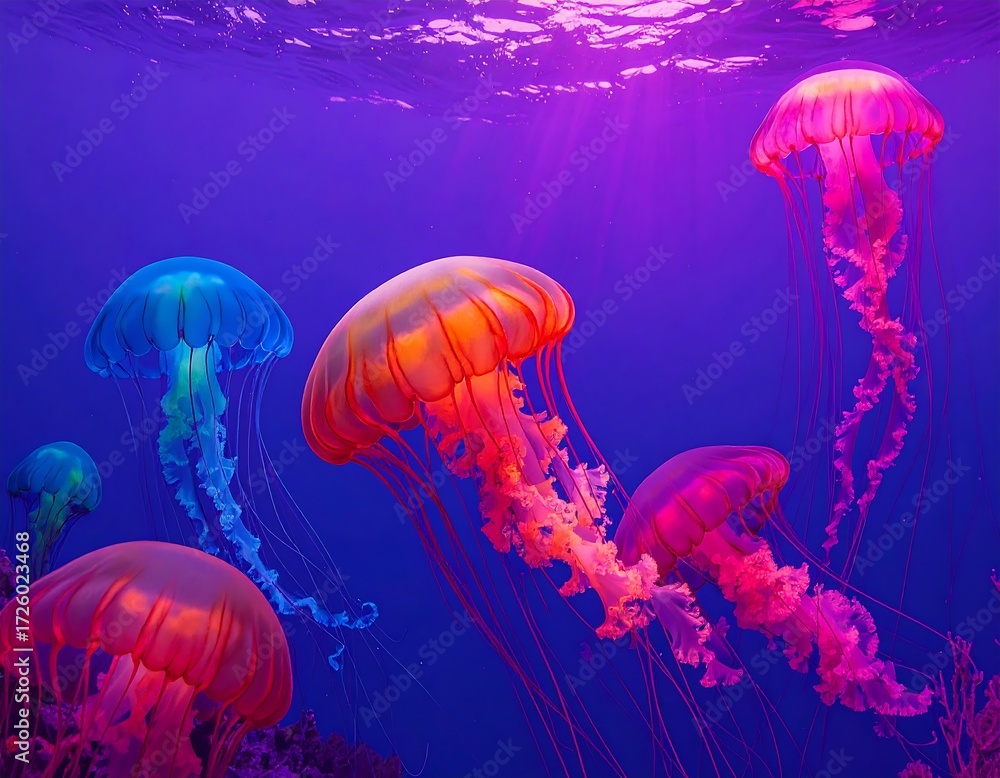 Fototapeta premium Vibrant jellyfish in deep ocean
