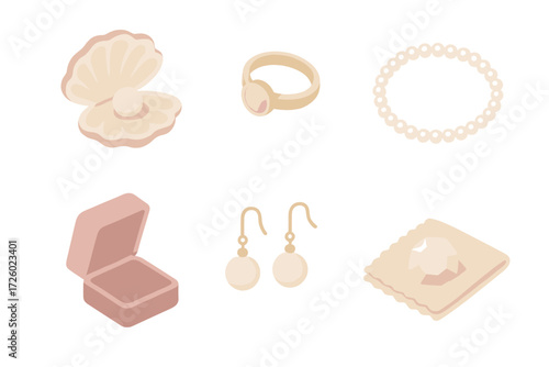 Jewelry Vector Set. Isometric vector illustration set Jewelry concept: pearl in clam shell, golden ring, necklace strand, velvet