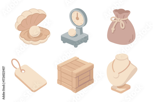 Pearl Market Icons. Isometric vector illustration set Market pearls: clam shell with pearl, weighing scale, velvet pouch, trade