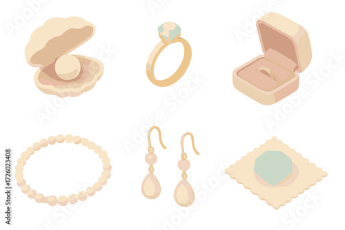 Jewelry Vector Set. Isometric vector illustration set Jewelry concept: pearl in clam shell, golden ring, necklace strand, velvet