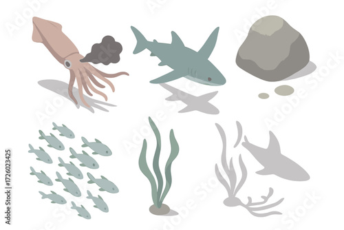 Ocean Predator Icons. Isometric vector illustration set Ocean predators: squid releasing ink, chasing shark silhouette, hiding