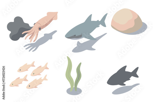 Ocean Predator Icons. Isometric vector illustration set Ocean predators: squid releasing ink, chasing shark silhouette, hiding
