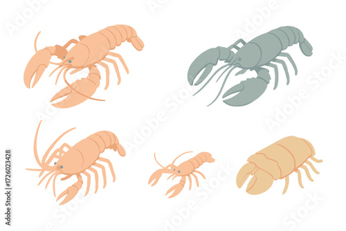 Lobster Variations Icons. Isometric vector illustration set Lobster variations: American lobster, European lobster, spiny lobster,