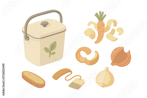 Kitchen Composting Icons. Isometric vector illustration set Kitchen composting: countertop bin, vegetable peelings, bread crust,
