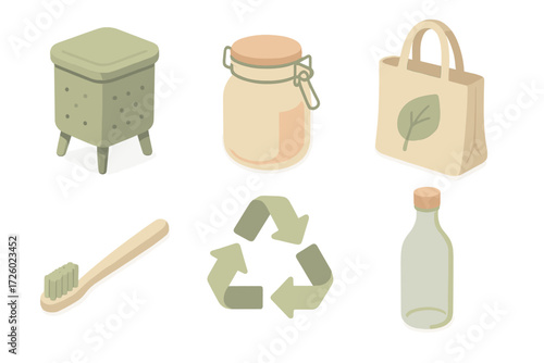 Zero Waste Essentials. Isometric vector illustration set Zero waste lifestyle: compost bin, reusable jar, cloth bag, recycling