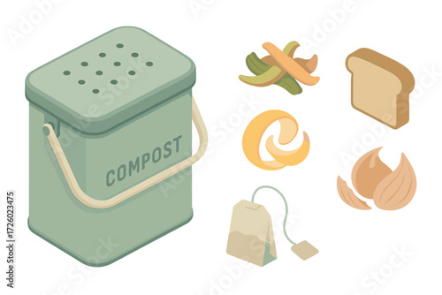 Kitchen Composting Icons. Isometric vector illustration set Kitchen composting: countertop bin, vegetable peelings, bread crust,