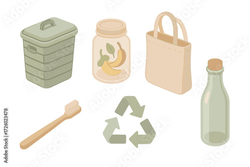Zero Waste Essentials. Isometric vector illustration set Zero waste lifestyle: compost bin, reusable jar, cloth bag, recycling