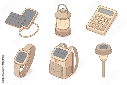 Solar Gadget Icons. Isometric vector illustration set Solar gadgets: solar phone charger, solar lantern, solar calculator, solar