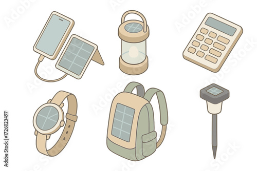 Solar Gadget Icons. Isometric vector illustration set Solar gadgets: solar phone charger, solar lantern, solar calculator, solar