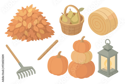 Autumn Harvest Icons. Isometric vector illustration set Autumn harvest day: leaf pile for jumping, hay bale, basket of pears,