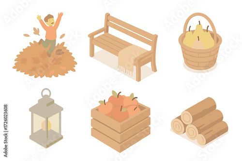 Pastel Autumn Gathering. Isometric vector illustration set Autumn backyard gathering: leaf jump pile, bench with plaid throw,