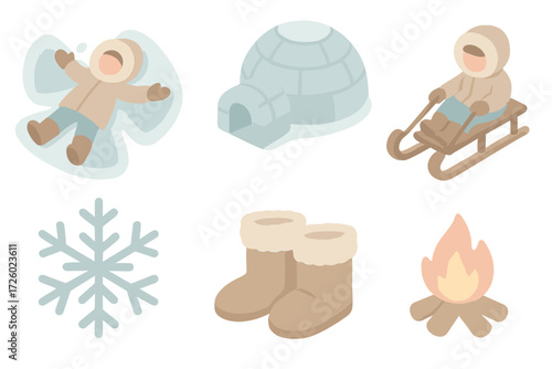 Arctic Fun Icons. Isometric vector illustration set Arctic fun collection: snow angel impression cold, igloo small, sled ride,