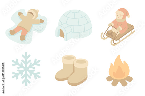 Arctic Fun Icons. Isometric vector illustration set Arctic fun collection: snow angel impression cold, igloo small, sled ride,