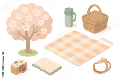 Spring Picnic Icons. Isometric vector illustration set Outdoor spring leisure: cherry blossom tree, picnic blanket, wicker basket,