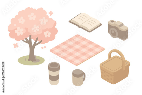 Spring Picnic Icons. Isometric vector illustration set Outdoor spring leisure: cherry blossom tree, picnic blanket, wicker basket,
