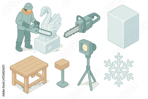Ice Sculpture Creation. Isometric vector illustration set Frozen artistry scene: ice sculpture carve winter, chainsaw tool, large