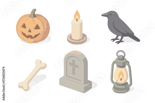 Halloween Night Icons. Isometric vector illustration set Halloween night mood: pumpkin carve lantern, glowing candle, gravestone,