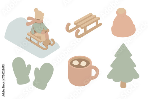 Winter Outdoor Fun. Isometric vector illustration set Winter outdoor fun: sled hill snow speed, wooden sled, wool hat, mittens,