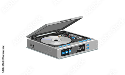 A retro silver portable compact disc player with its lid open, revealing a CD inside.